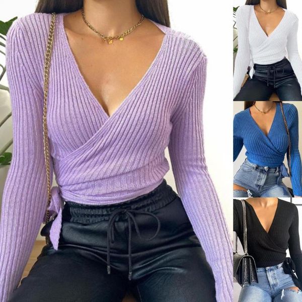 Pulls pour femmes Drop femmes Sexy col en V Wrap Blouse couleur unie à manches longues Slim côtelé tricot haut