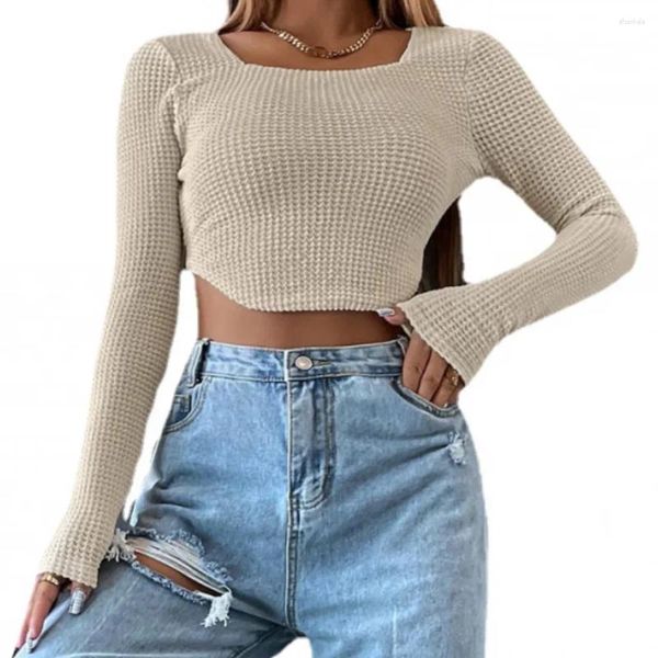 Suéteres de mujer DZ-DZ Mujeres Y2K Estética Suqare Cuello Waffle Punto Crop Tops Casual Manga larga Slim Fit Salir Camiseta