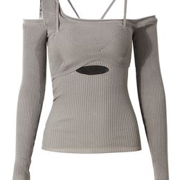 Suéteres de mujer EAM Hollow Out Grey Knitting Sweater Loose Fit Slash Neck manga larga mujeres Pullovers moda Otoño Invierno 1DD2267 220920