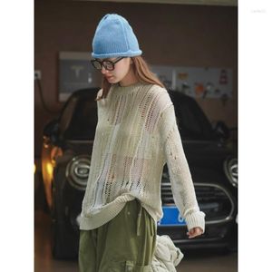 Chandails pour femmes début automne évider femmes couleur correspondant col rond pull tricoté en vrac trous coréens minces légers hauts moelleux