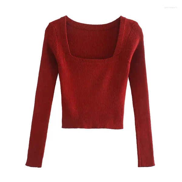 Suéteres de mujer Jersey elástico para mujer Jersey Vintage con cuello cuadrado suéter rojo de manga larga tejido para mujer