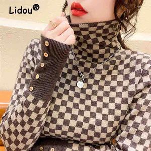 Damestruien Elegant Mode Klassiek Trendy All-match Gebreid Dames Pullover Coltrui 2024 Dieptepunt Plaid Chic Lange mouw