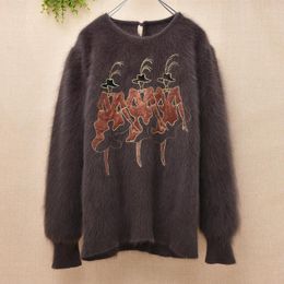 Pulls pour femmes Élégant Vintage Femelle Hiver Fuzzy Poilu Angora Tricoté Laine Appliques Lâche Manches Longues Mink Cachemire Pull