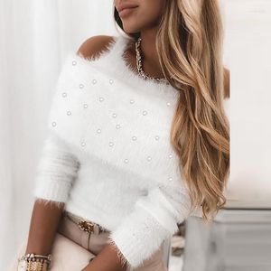 Vrouwen Truien Elegante Vrouwen Sexy Off Schouder Holle Shirts 2023 Wit Warm Gebreide Tops Trui Herfst Winter Lady Chic trui