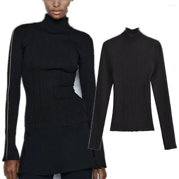 Suéteres de mujer Elmsk Moda británica Prendas de punto básicas Cuello alto Suéter con panel de encaje negro Tops para mujer