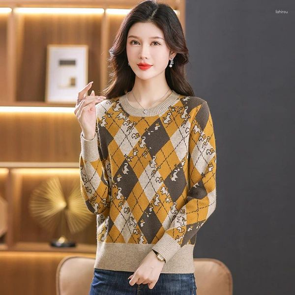 Suéteres para mujer Estilo Inglaterra Mujeres Clásico Plaid Jersey Suéter Púrpura Café Beige Rojo Argyle Prendas de punto Retro Plain Jersey Otoño