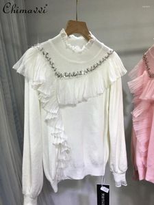 Pulls pour femmes Produits européens Pull de perles lourdes Femme 2024 Printemps Français Mode Fée Douce Pull à volants Élégant Haut tricoté