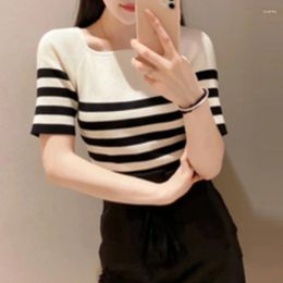 Pulls pour femmes F GIRLS 2023 Summer Simple Stripe Jumper Japon Backless Bow Tie Knit Top Solid Color Slim Fit Half Sleeve All-matched