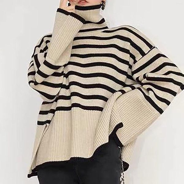 Pulls pour femmes automne 2023 col roulé à la mode pull en tricot côtelé haut avec fente tunique pour femmes hauts d'été pour les juniors