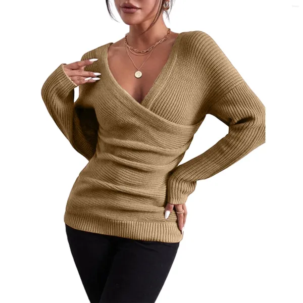 Suéteres de mujer otoño e invierno Color sólido cuello en V ajuste cómodo tejido fuera del hombro estilo Casual suéter