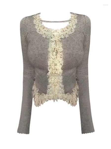 Suéteres de mujer Otoño Invierno Mujeres Ballet Core Francés Vintage Lace Patchwork Jumper Manga larga Suéter recortado Estético Prendas de punto Mori