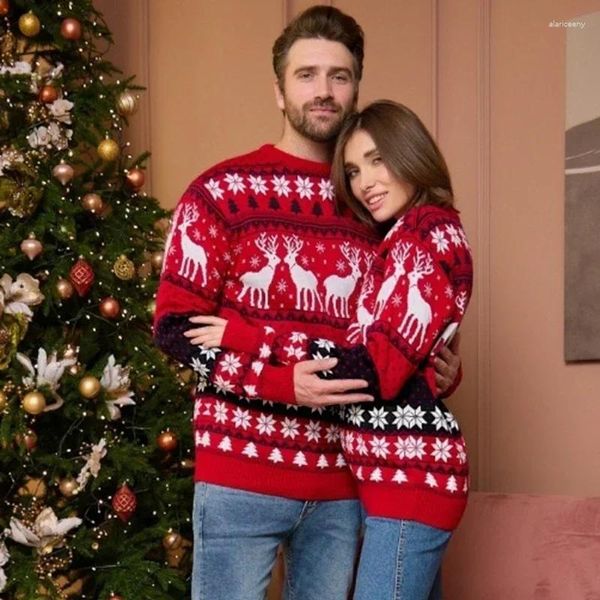 Pulls pour femmes Famille Noël Pull 2024 Hiver Femmes Hommes Couples Correspondant Vêtements Doux Chaud Tricots Jacquard Imprimer Pull Top Noël