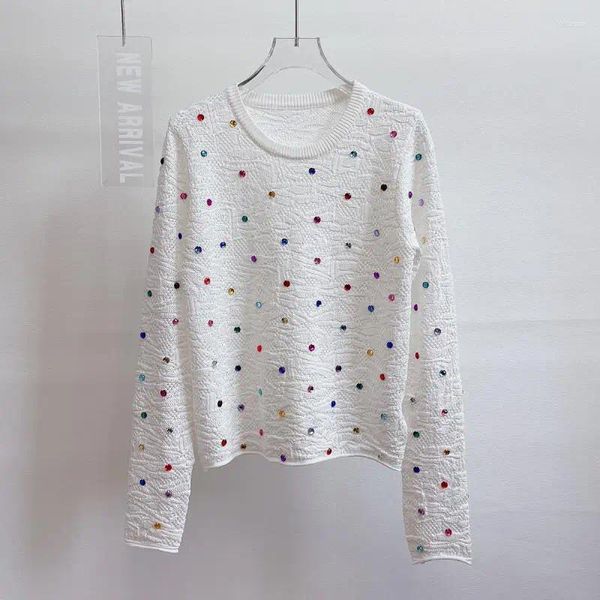 Pulls pour femmes Mode Casual Diamants colorés Crochet Fleur Design T-shirt en tricot pour femmes à manches longues O-Cou Élastique Top Automne 2023