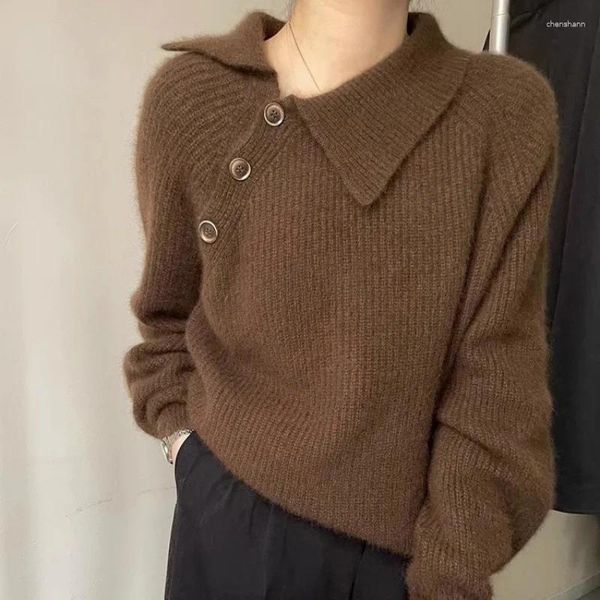 Suéteres de mujer Moda Diagonal Botón Mujer Suéter Otoño Vintage Cuello vuelto Sólido Básico Jersey Suelto Casual Jersey de punto T589