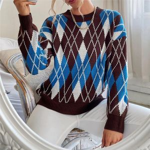 Dames truien mode geometrisch blauw gebreide trui vrouwen o nek casual argyle lady pullover vrouwelijke herfst winter retro jumper