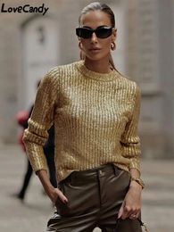 Dames truien mode goud o nek voor vrouwen 2023 herfst winter causale gebreide lange mouwen gebreide pullover elegante kantoor dames losse jumpers 231116