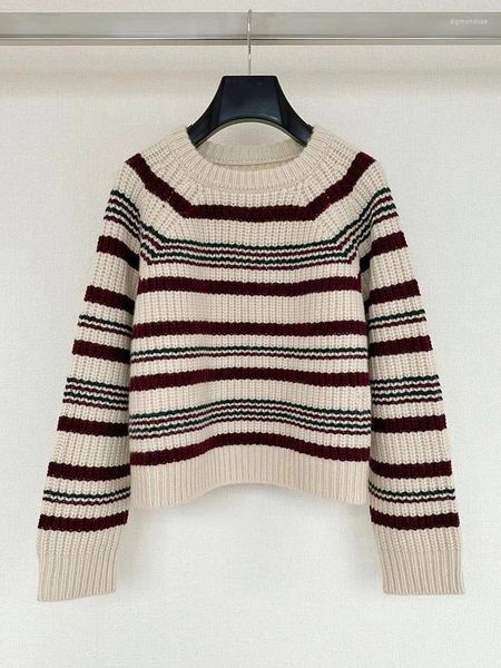Pulls pour femmes Mode Haute Qualité Pure Laine Pull tricoté pour femmes 2023 Doux O-Cou Contraste Rayé Drop-épaules Loose Jumper