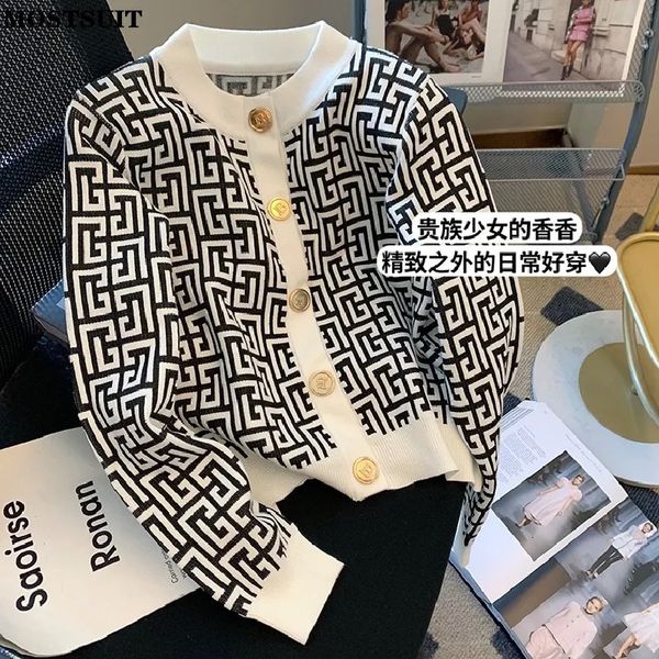 Suéteres para mujer Moda Jacquard Punto Mujer Cardigan Suéter 2022 Otoño Streetwear Coreano Vintage Ladies Chic Jumper Tops Manga larga O-cuello 230927