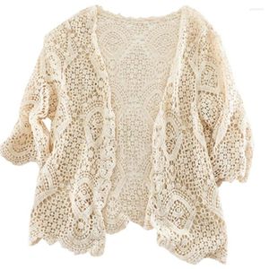 Chandails pour femmes Mode tricoté femmes style bohémien manches mi-longues dentelle cardigan ouvert court tricot vêtements d'extérieur évider pull hauts PZ2037