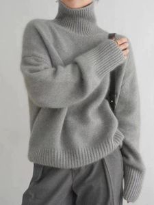  Sweaters de mujeres Fashion Corea Cashmere Séter de lana Pure Lapa High Lapelpel 2024 Autumn Invierno Invierno Tapa de punto grueso suelto
