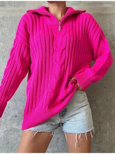 Suéteres femeninos moda rosa rosa rojo otoño invierno casual de cuello de giro de cetro