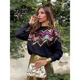 Chandails pour femmes Sequins de mode décor Pull en tricot pour les femmes décontractées o cou lloose ong plaque de manche Top Autumn Femme Street Clu Dhets