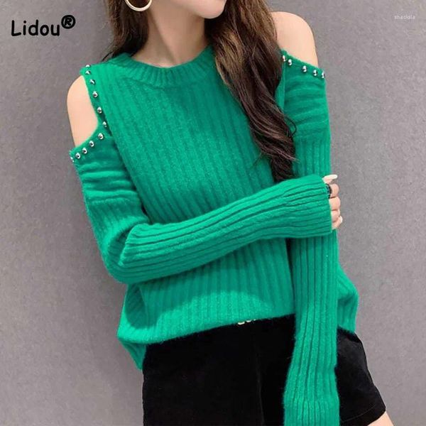 Suéteres de mujer moda Color sólido fuera del hombro suéteres de punto ropa Otoño Invierno rebordear empalmado cuello redondo suelto