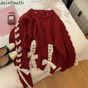 Pulls pour femmes Mode Sueter Mujer Knitwear Pulls Femmes Vêtements O-Cou Dentelle Bandage Bow Sweet Jumper Knit Ribbed Cropped Sweater