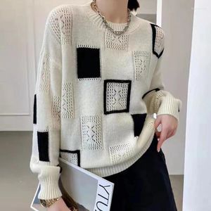 Suéteres para mujer Tops de moda 2024 Suéter de gran tamaño Otoño Invierno Colorblock Plaid Punto Jerseys Cuello redondo Retro Cálido