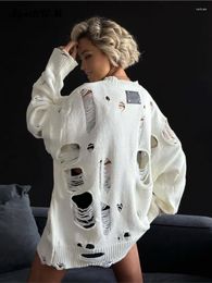 Pulls pour femmes Mode Blanc Creux Out Effiloché Femmes Oversize À Manches Longues O-Cou Pull Tricoté Automne Dames Élégantes Y2K Jumper Tops