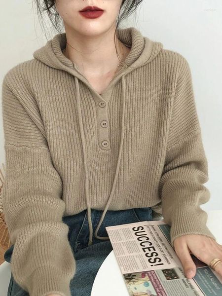 Chandails pour femmes Mode Femmes 2024 Coréen Automne Solide Couleur Lâche Femme Pulls Bouton Blanc À Manches Longues À Capuchon Pull En Tricot