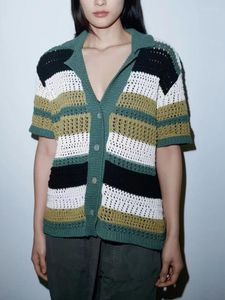 Suéteres de mujer Moda Mujeres Hollow Out Suéter de punto 2024 Verano Manga corta Polo Collar Cardigan Simple Vintage Causal Rayado