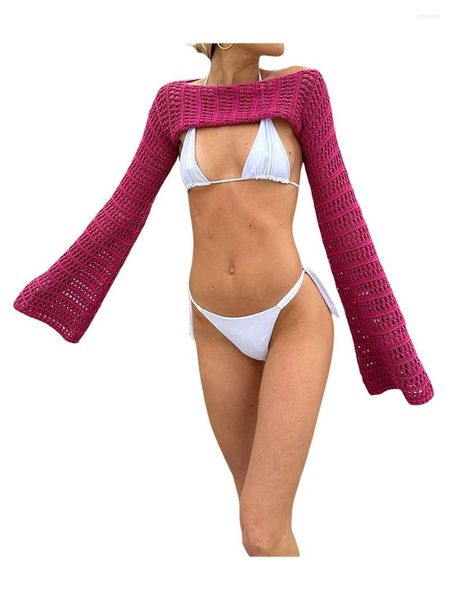 Suéteres de mujer Moda Mujer Malla Crochet Crop Tops Manga larga Hollow-Out Suéter de punto recortado Bikini Beach See-Through Cover Ups S M L