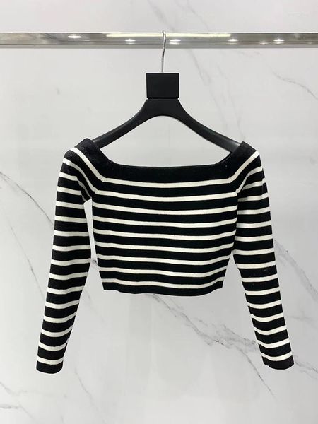 Suéteres de mujer Moda Lana Sexy Off Hombro Slash Cuello Suéter para Mujeres 2023 Otoño Alta Calidad Negro Blanco Rayas Slim Crop Jumper