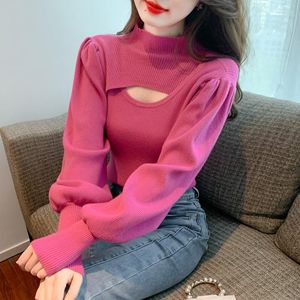 Chandails pour femmes Mode Y2K Femmes Chandail Demi Col Haut Pulls Bas Chemise Coréenne Lanterne Manches Tricoté Découpé Pulls Creux