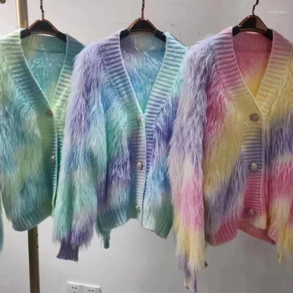 Suéteres de mujer Suéter de moda con frente abierto Llamativo Tie Dye Patrón Tejido de punto Cárdigan de manga larga