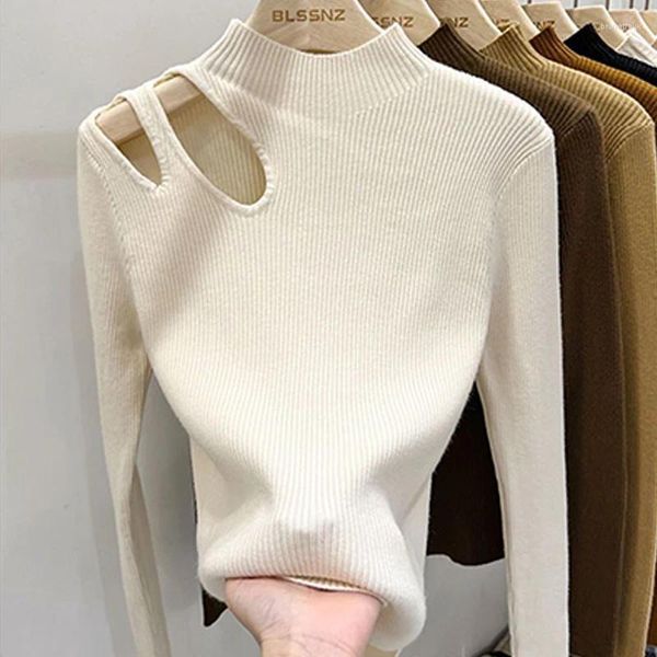 Pulls pour femmes Femme demi-pull à col roulé tricoté chemise de fond automne et hiver mode sexy évidé haut à l'épaule