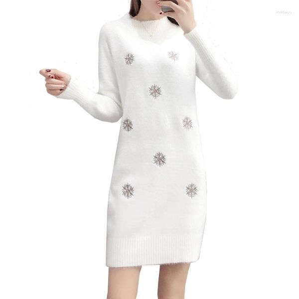 Suéteres de mujer, suéter de punto para mujer, jersey de moda 2023, vestido blanco suelto de Cachemira de imitación de visón, jersey de medio cuello alto