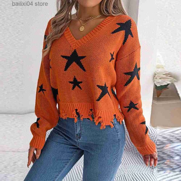 Chandails pour femmes FICUSRONG 2023 Nouvelles femmes Automne Hiver Casual Col V Star Cut Pull à manches longues en tricot Pull pour la mode T230928