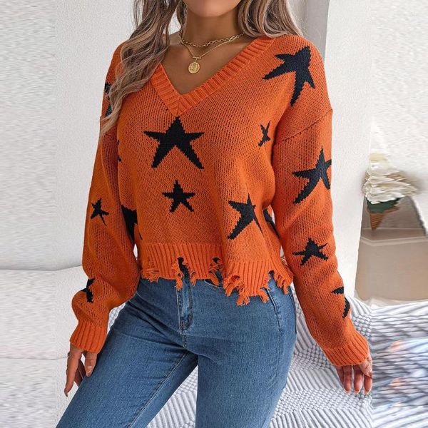 Chandails pour femmes FICUSRONG 2023 femmes automne hiver décontracté col en V étoile coupe à manches longues tricot pull pull pour la mode