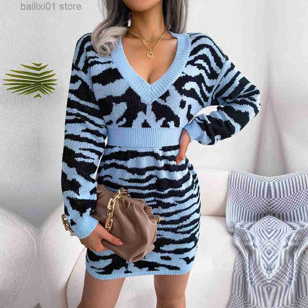 Pulls pour femmes Ficusrong Automne Hiver Mode Tigre Imprimer Lanterne Manches Taille Nippée Robe Pull Pour Dames Col En V Chic Robes Tricotées T230817