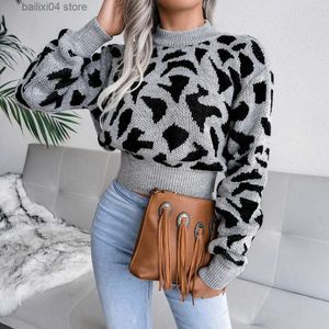 Damestruien Ficusrong Dames Herfst Winter Luipaardprint Gesmoorde crop-sweater Truien voor dames Mode O-hals Gebreide truien met volledige mouwen T230928