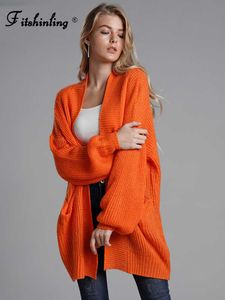 Chandails pour femmes Fitshinling 2022 hiver cardigans vêtements d'extérieur manteau poches orange surdimensionné femmes tricoté veste pull long cardigan femme L230718