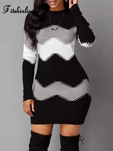 Suéteres de mujer Fitshinling Casual New Knit Sweater Dress Ropa femenina Rayas Slim Sexy Bodycon Dress para mujer Moda Vestidos Femme Oferta L230718