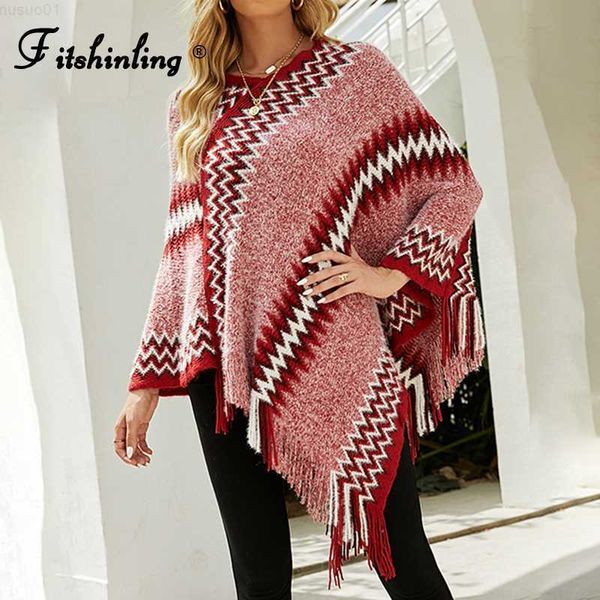 Suéteres de mujer Fitshinling Fringe Poncho de invierno Mujeres Prendas de punto Bohemio Vintage Suéter de gran tamaño Capa Irregular Manga de murciélago Capas de rayas L230718