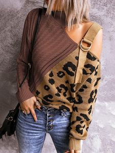 Chandails pour femmes Fitshinling une épaule Vintage pull femmes vêtements léopard Patchwork mince mode pull automne pull tricoté vente