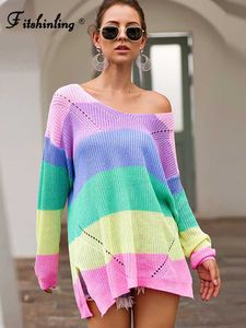 Maglioni da donna Fitshinling Maglione lungo a righe arcobaleno Femme Pull con scollo a V Pullover sottili Autunno Inverno Maglioni a maniche lunghe Maglioni da donna Saldi L230718