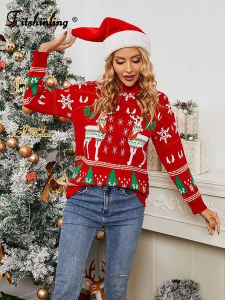 Suéteres de mujer Fitshinling Suéter de Navidad rojo Jersey Año Nuevo Invierno Ugly Jumper Tops de punto Elk Navidad Copo de nieve Moda Slim Pulls Femme L230718