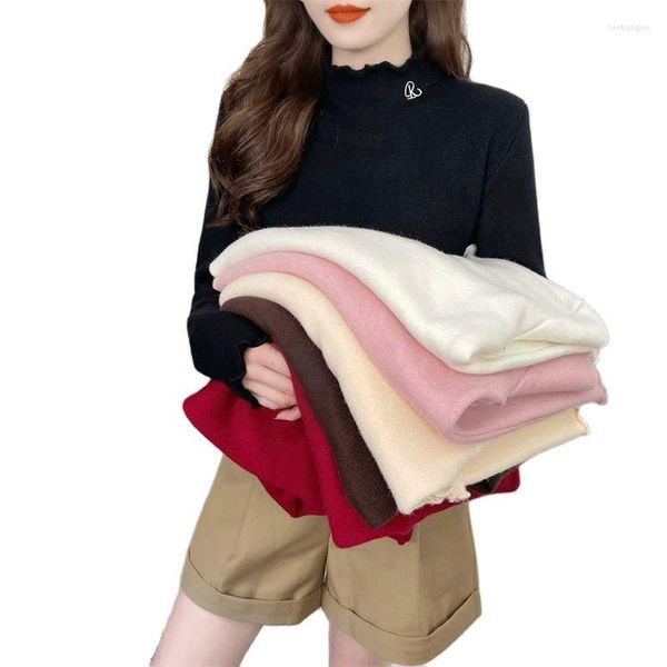 Suéteres de mujer, suéter de terciopelo grueso de lana para mujer, Otoño Invierno 2023, bordado, medio cuello alto, camisa de punto de fondo, estilo occidental
