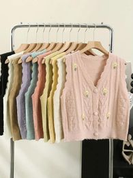 Pulls pour femmes Fleur brodée Gilet tricoté Cardigan d'extérieur 2023 Automne / Hiver Lâche et âge réduit Débardeur sans manches en dentelle